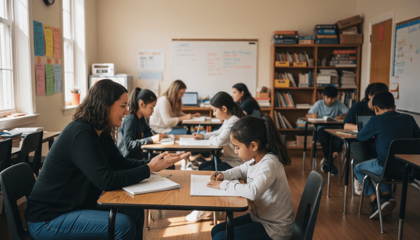Volunteer educator mentoring diverse students in community learning center with natural lighting and collaborative study environment Volunteer educator mentoring diverse students in community learning center with natural lighting and collaborative study environment